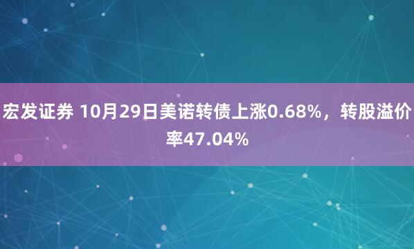 宏发证券 10月29日美诺转债上涨0.68%，转股溢价率47.04%